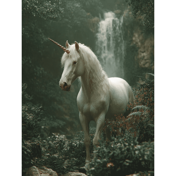 White Unicorn Waterfall Forest Canvas Print, Mystical Fantasy Nature Home Bedroom Wall Decor Art