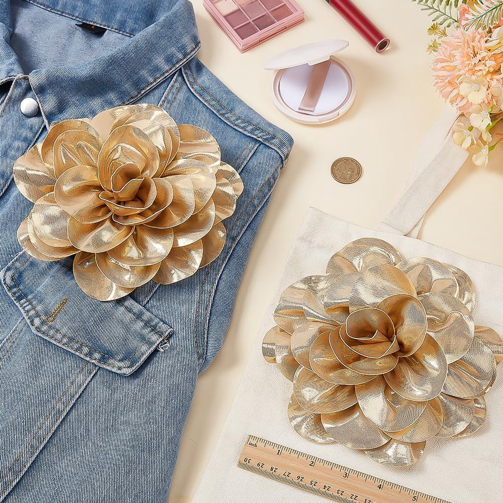 2-Piece Goldenrod Satin Flower Brooches 7-Inch Large Rose Lapel Pins for Dresses Wedding Cardigans