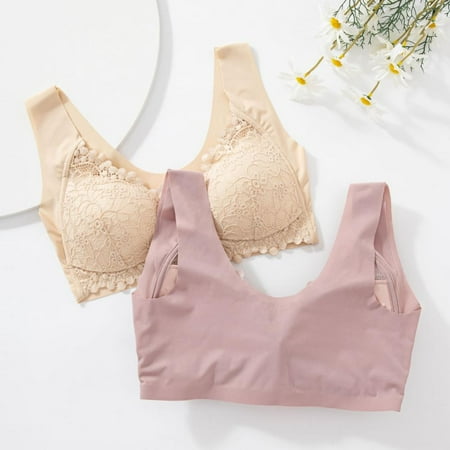 

2pcs Women Lace Bra Front Buckle Closure Bra 3/4 Cup Push Up Bra Wire Free Seamless Underwear Thin Mold Cup Bralette
