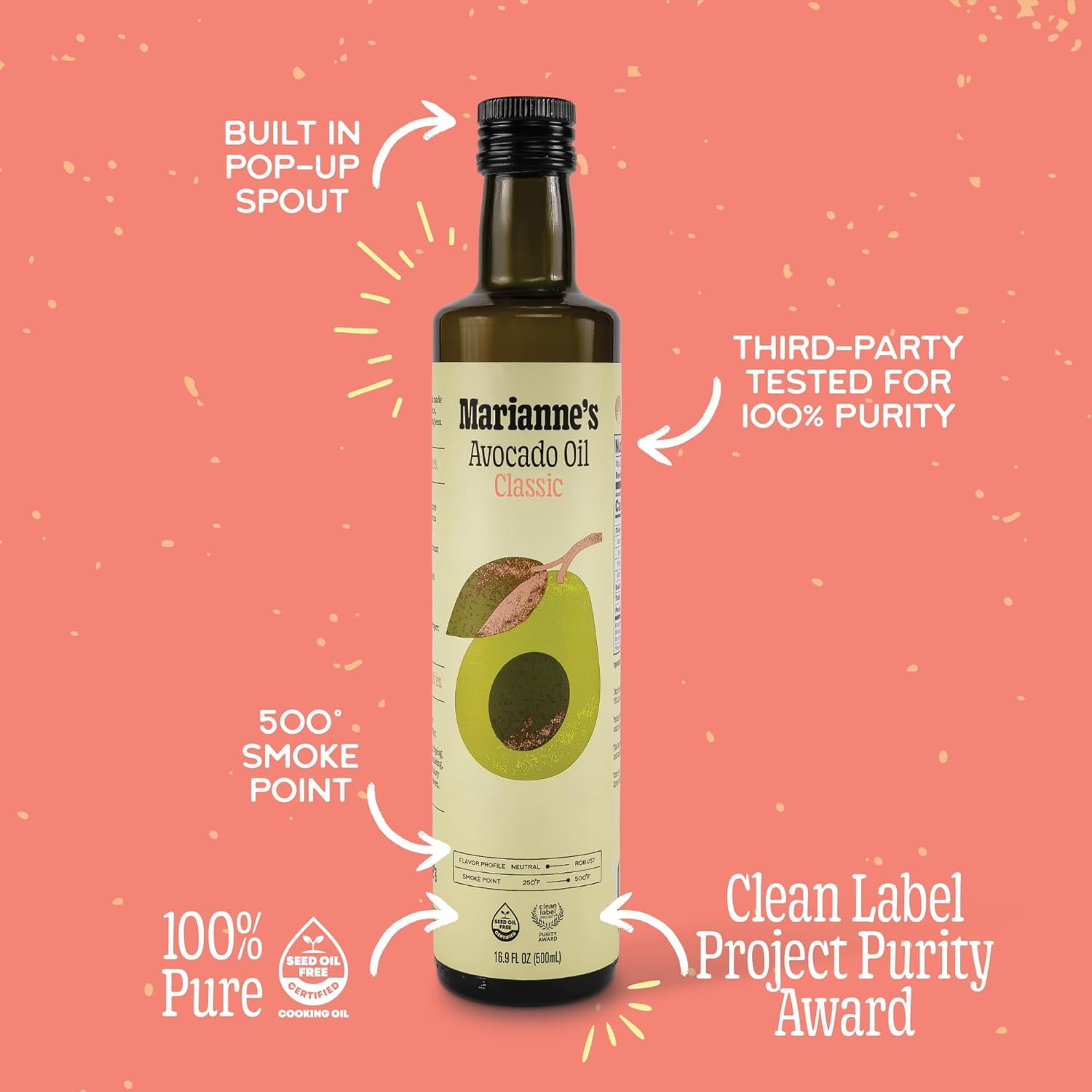 Marianne’s Classic Avocado Oil: 100% Pure Avocado Cooking Oil for Frying, Sautéing & Baking, Neutral Flavor, High-Heat Performance Up to 500°F, Clean Label Project Purity Award, Easy-Pour Bottle