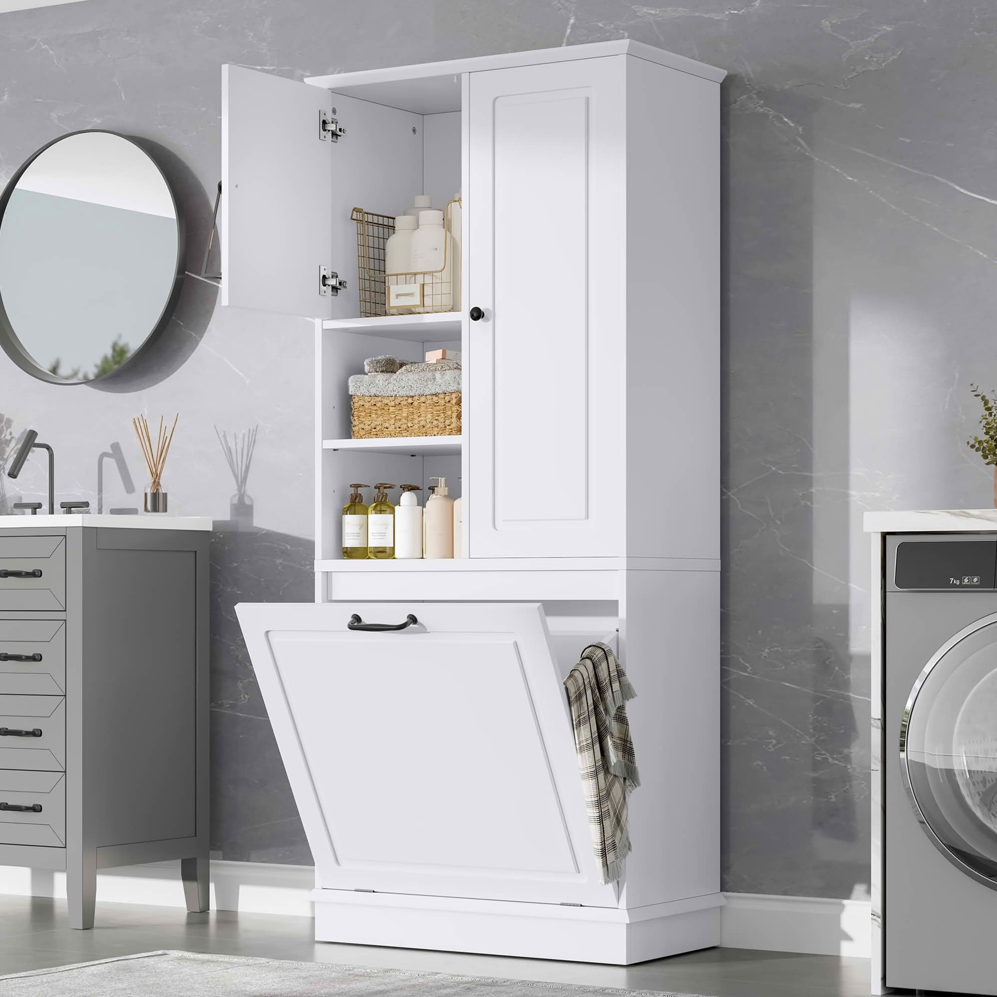 MAYEERTY Tall Storage Cabinet, Adjustable Shelves Large Flip-Out Basket Enclosed Cabinets MDF Aluminum Alloy Handles, Bathroom Living Room Office