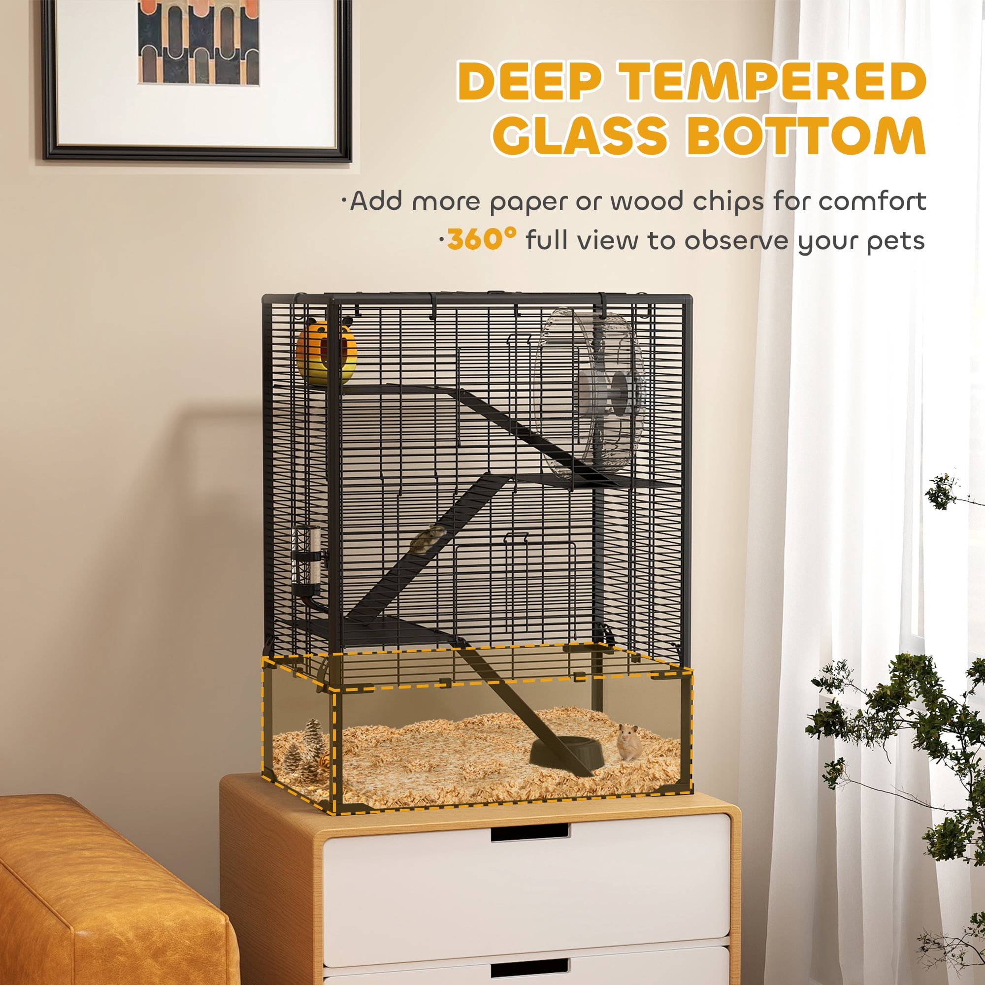 PawHut Deep Glass Bottom Hamster Cage, 4 Tiers Hamster Tank with Running Wheel, Hut, Water Bottle, Food Dish, Rat Cage, Black, 24" x 16" x 31.5"