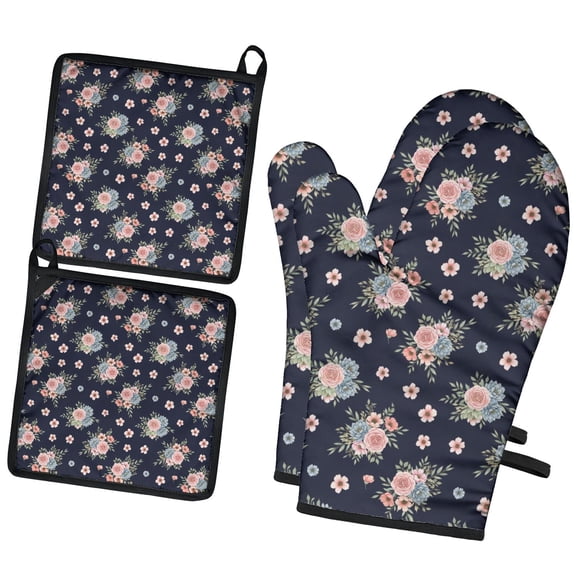 Pioneer Flower Floral Print Pattern 2-Pack Oven Mitts Set, Heat Resistant Kitchen Gloves, 7.7" X 12"