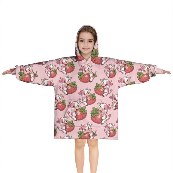 Pink Cow Strawberry Hug Pattern Blanket Hoodies for Kids 6-13YR Oversize Wearable Blanket Hoodies for Boys Girls Teens