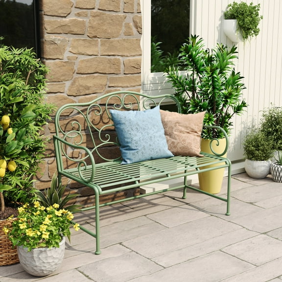 Christopher Knight Home 41" Ornate Metal Garden Bench, Vintage 2-Seat Outdoor Patio Bench, Matte Green