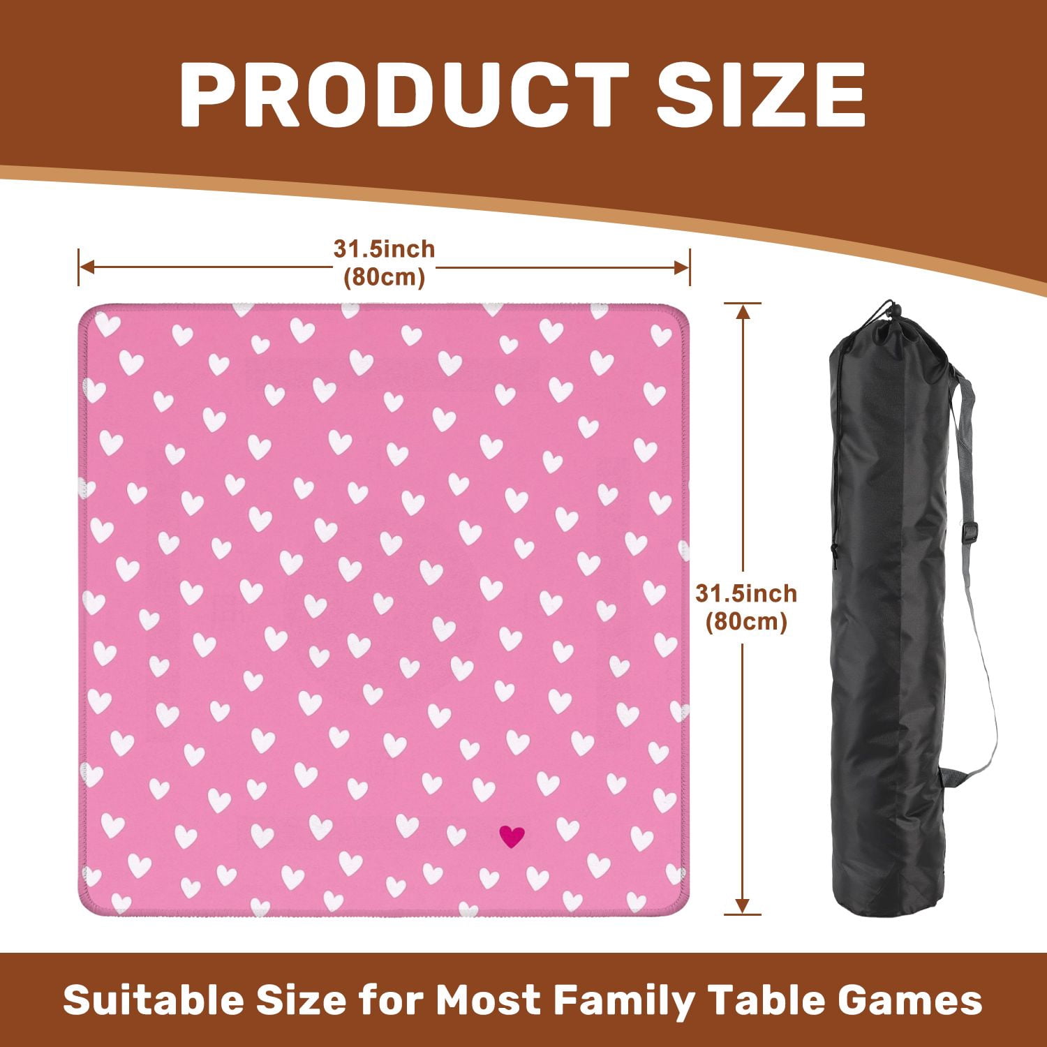 Mahjong Mat 31.5" x 31.5" Pink Heart White Red Hearts Soft Pink Non-Slip Noise Reduction American Mahjong Tiles Table Cover for Dominoes Poker Card Board Games Gift
