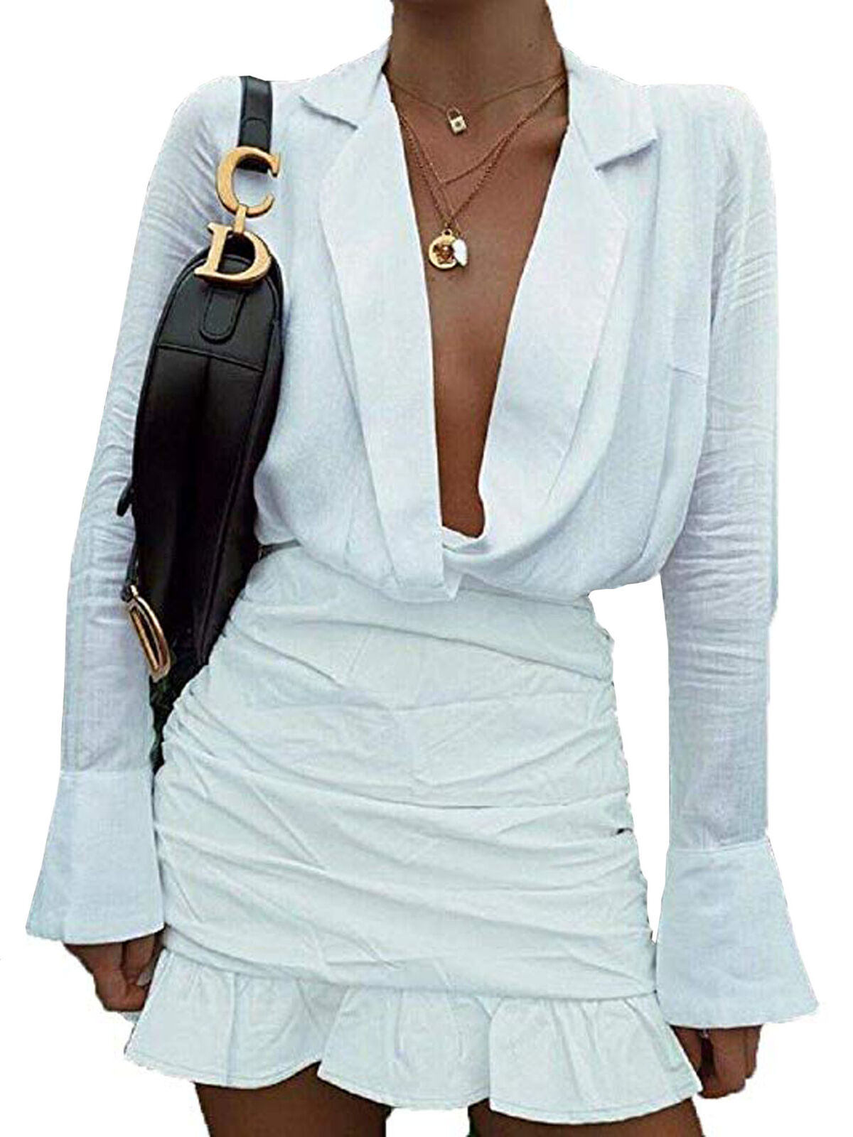 plunge ruched ruffles cuff mini dress