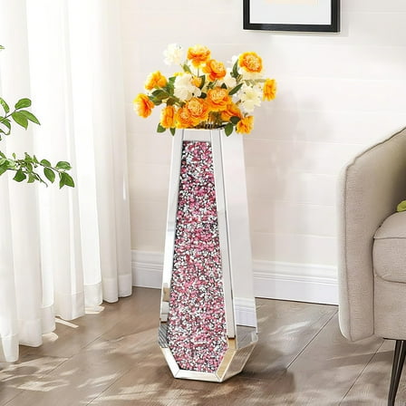 30" Tall Crushed Diamond Floor Vase, Pink LargeVases for Decor Living Room, Crystal Mirrored HomeDecor Vases for Dried Flower