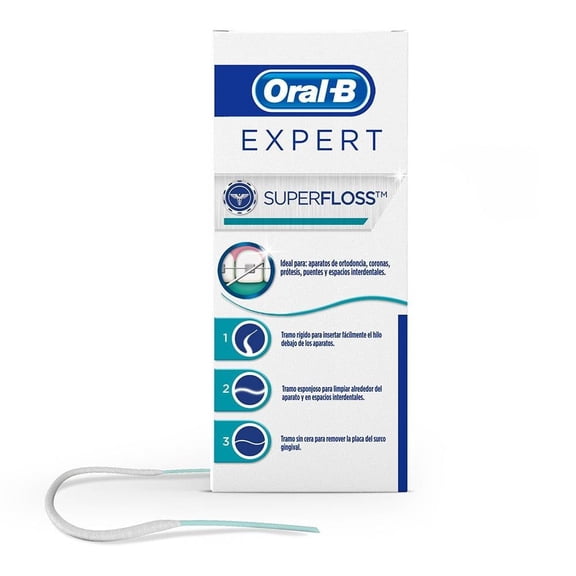 Hilo dental Super Floss Oral-B Expert ideal para ortodoncia, coronas, prótesis, puentes 50 pzas