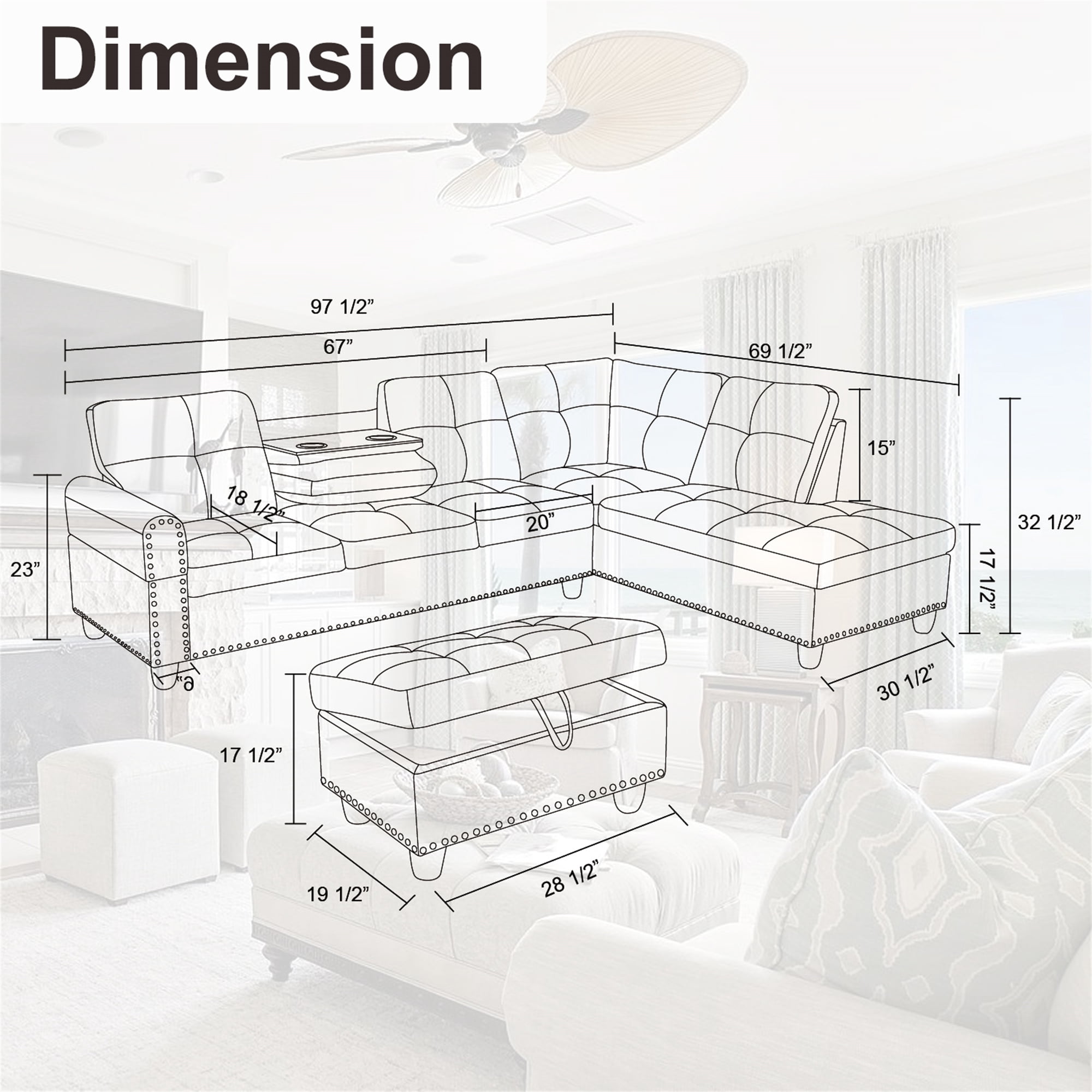 Aukfa 96" Leather Sectional Sofa with Storage Ottoman for Living Room, 2 Cup Holders, Right Facing Chaise, White