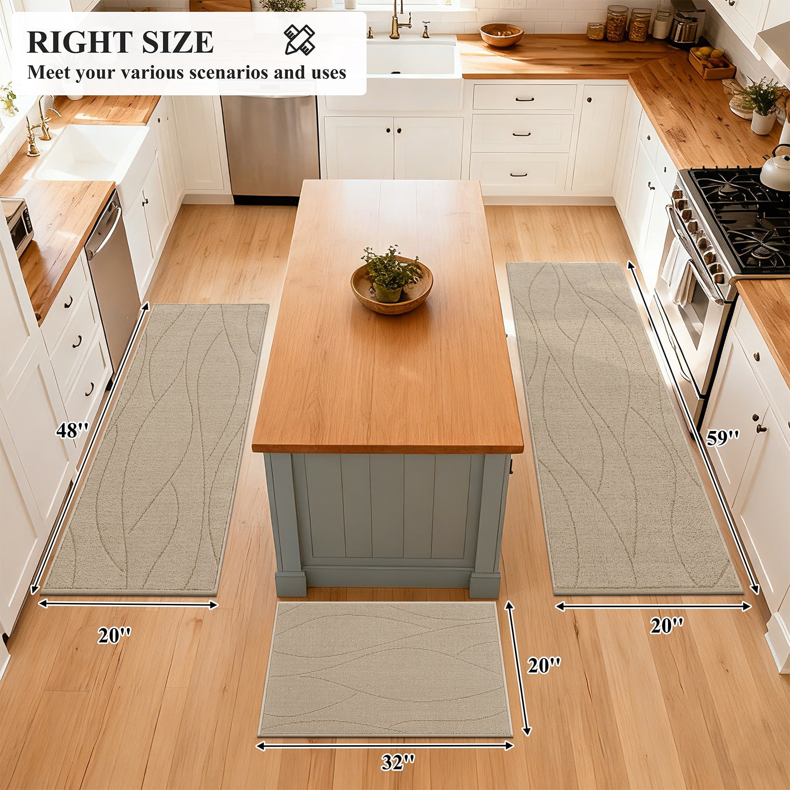 MeyJey Geometric Lines Kitchen Rugs Sets of 3, Non Slip Washable Kitchen Mats for Floor, Beige