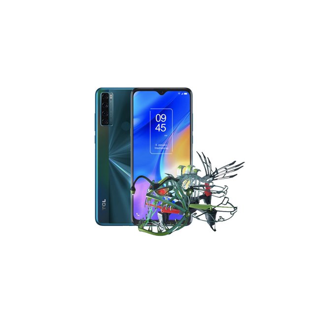 smartphone tcl 20se 128gb 4gb ram verde desbloqueado + drone force de tregalo tcl desbloqueado teléfono verde en vista frontal y posterior; pantalla HD+ 6.82" (1,640 x 720) con muesca tipo gota, módulo trasero de cámara cuádruple y lector de huellas dorsal; drone Force incluido en primer plano, fondo blanco.