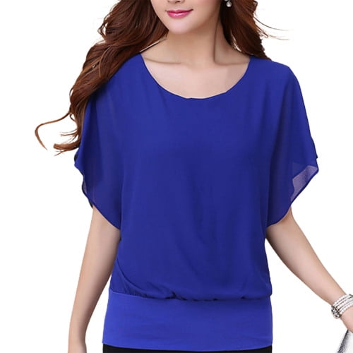 Fairnull Haut Femme Couleur Unie Col Rond Chandail Manches Chauve-Souris Volant Été Haut Quotidien