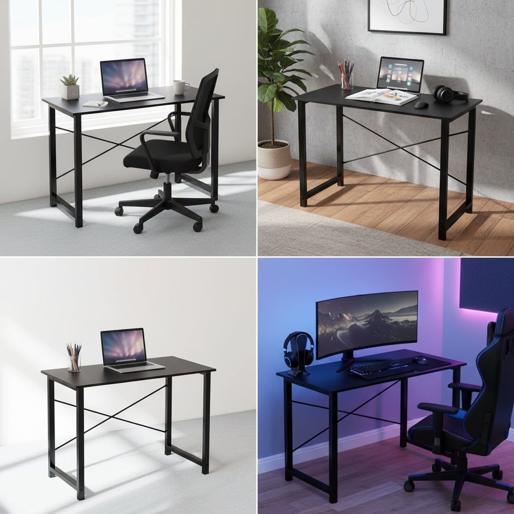 CONCETTA 55in Computer Office Desk, Writing Table for Small Spaces, Modern Style Home Office Desk, Black
