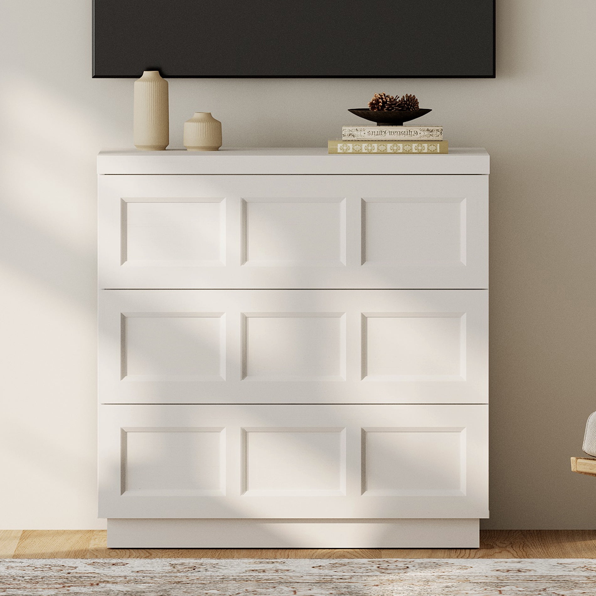 HOMOOI 3-Drawer TV Stand for 26-40" TV, Boho Thickened Wood Media Console With Smooth Silent Gliding Drawers, Anti-Wobble Stable Entertainment Center for Living Room,White