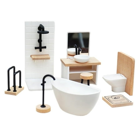 Uanit 1:12 Dollhouse Miniature Porcelain Bathroom Set White Ceramic Toilet Basin Bathtub Mirror Miniature Furniture Doll Accessories for Bathroom Cake Topper Toy Fairy House Furniture Miniature Toys