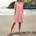 thumbnail image 6 of Women's Striped Mini Dress Gingham Tunic Dress Round Neck Sleeveless Loose A Line Sundress with Pockets Lounge Vacation Outfit Red, 6 of 8