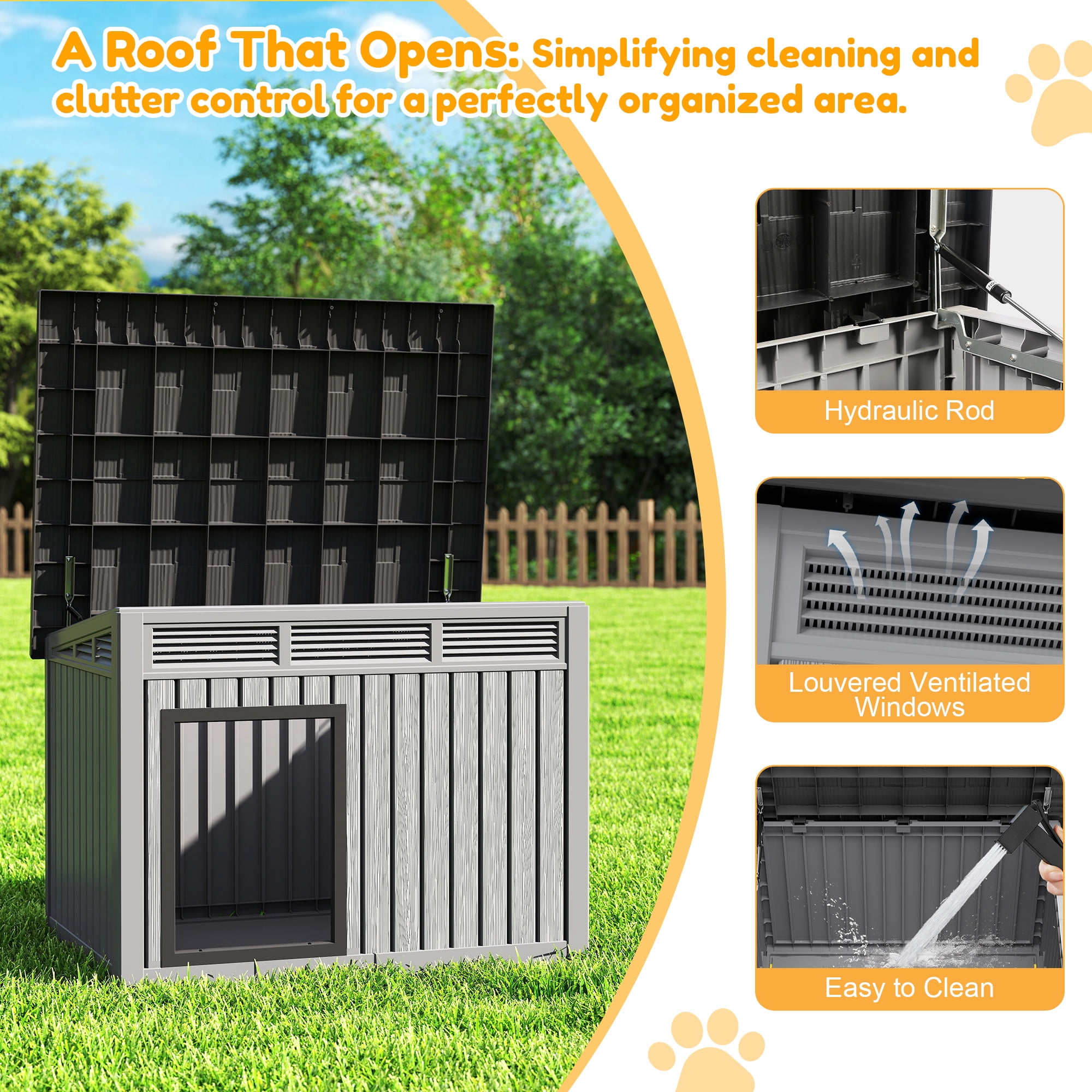 Nihsuao Waterproof Dog House for Medium to Large Dogs, Indoor Outdoor PP Kennel with Ventilated Design & Removable Roof, Easy to Clean, Gray, 42.2"L x 30"W x 31"H