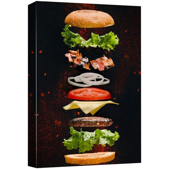 wall26 Canvas Print Wall Art Cheeseburger Ingredient Floating Explosion Food Culinary Photography Modern Rustic Scenic Multicolor Colorful for Living Room, Bedroom, Office - 12"x18"
