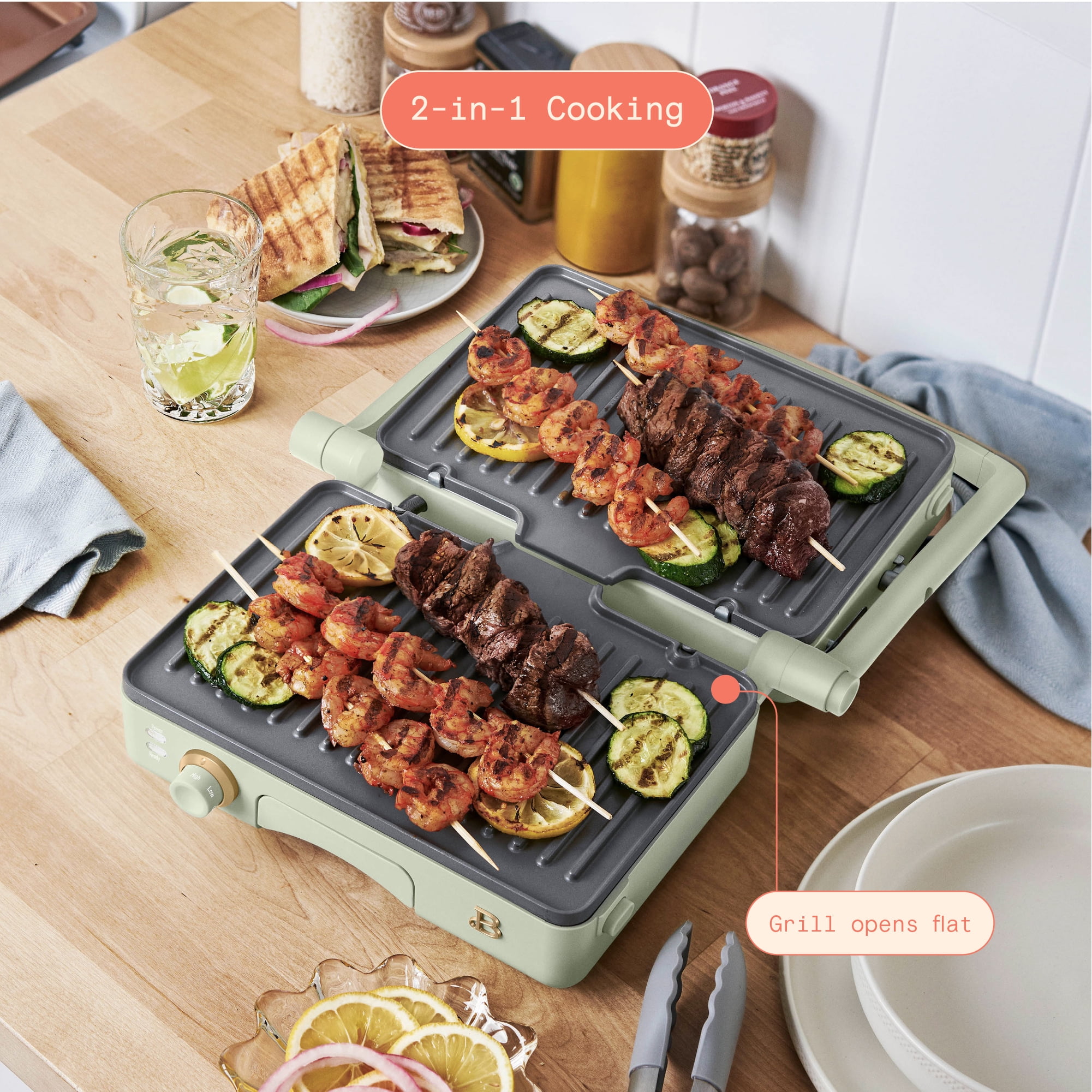 Beautiful 2-in-1 Panini Press & Grill with Detachable Plates, Sage Green by Drew Barrymore