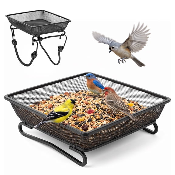 7" x7" Railing Bird Feeder Tray, Metal Platform Bird Feeder Tray with 2 Elastic Rope Ground Mesh for Garden Backyard Outdoors Wild Birds or Squirrels
