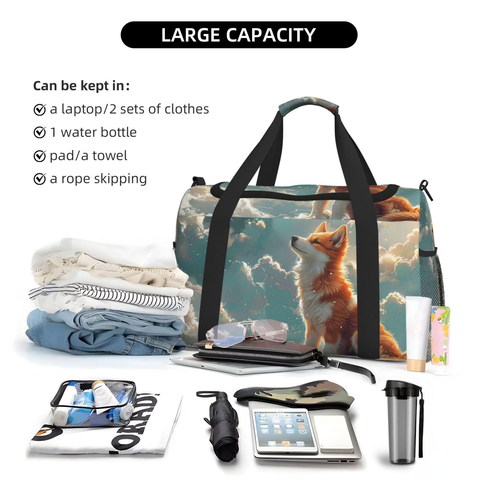 Fuzoiu Starry Sky Cloud Fox Print Travel Duffle Bag,Carry On Tote Bags,Duffel Bag,Sport Gym Bag, Hospital Bag for Labor and Delivery, Overnight Bag,Luggage Bag