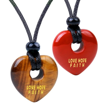 Inspirational Heart Donut Amulets Love Hope Faith Powers Couples BFF Tiger Eye Red Jasper Necklaces
