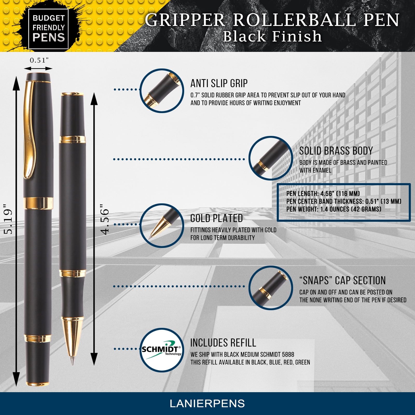 Gripper Roller Ball Pen - Black with Single Gift Box Rosewood