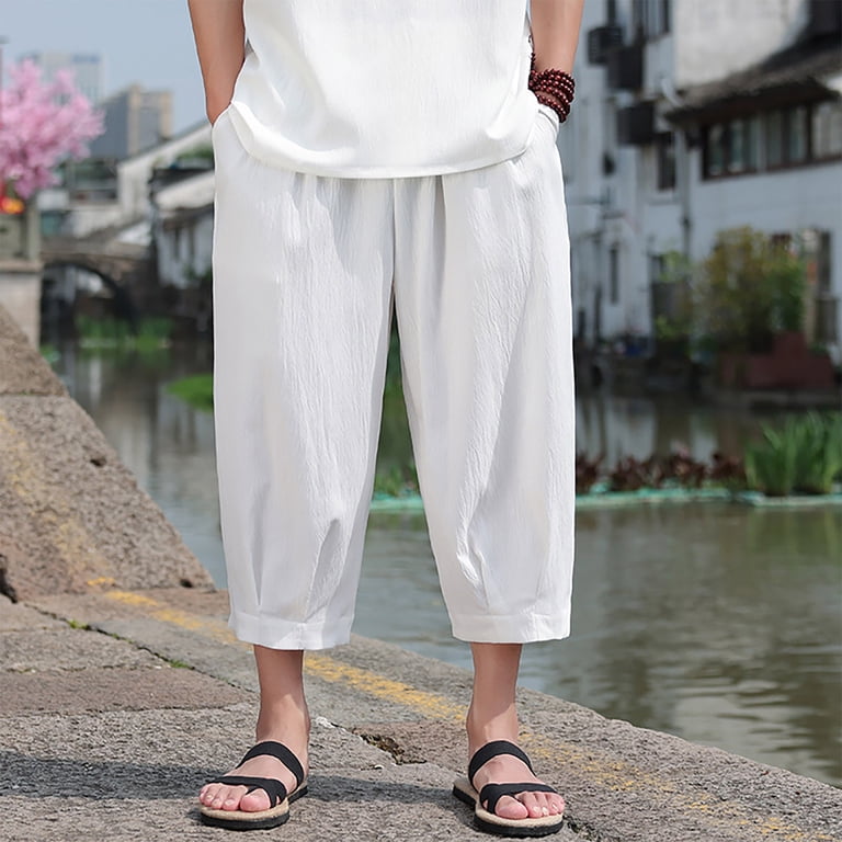 JUUYY Men's Linen Cropped Trousers Hippie Harem Pants 3/4 Length