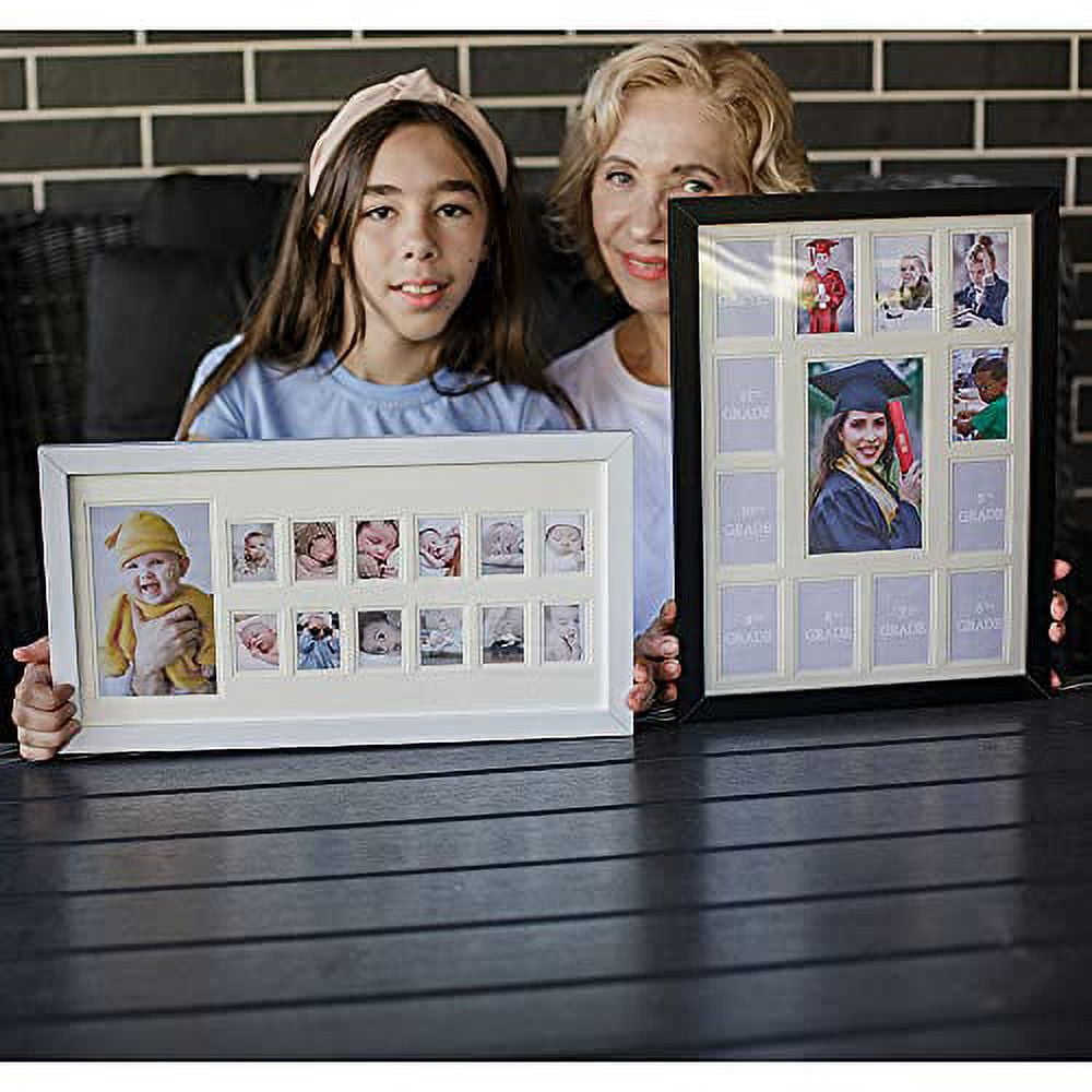 13 Opening Collage Picture Frame K-12 with Double White Mat - Displays One 4x6 and Twelve Wallet Size 2.5x3.5 - Wall Mounting, Landscape, Portrait