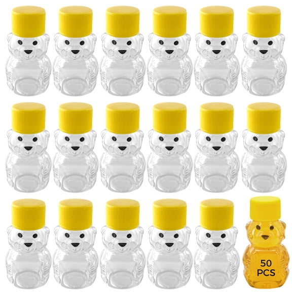 50 PCS Honey Bear Bottle, 2 oz Clear Plastic Honey Jar with Yellow Screw Cap, Mini Portable Design, Eye-Catching Bear Shape