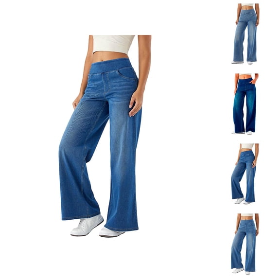 Wide Leg Jeans Woman 2026 Trendy Washed Blue Elastic High Waist Straight Leg Loose Palazzo Denim Pants with Pockets