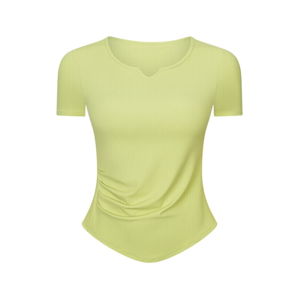 Top deportivo de manga corta con escote en V pequeño para mujer, para fitness, running, ajustado, adelgazante, yoga