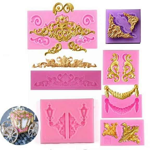 CANKER 7Pcs Baroque Style Curlicues Scroll Lace Fondant Silicone Mold for Cake Border Cupcake Topper Jewelry Clay Decoration