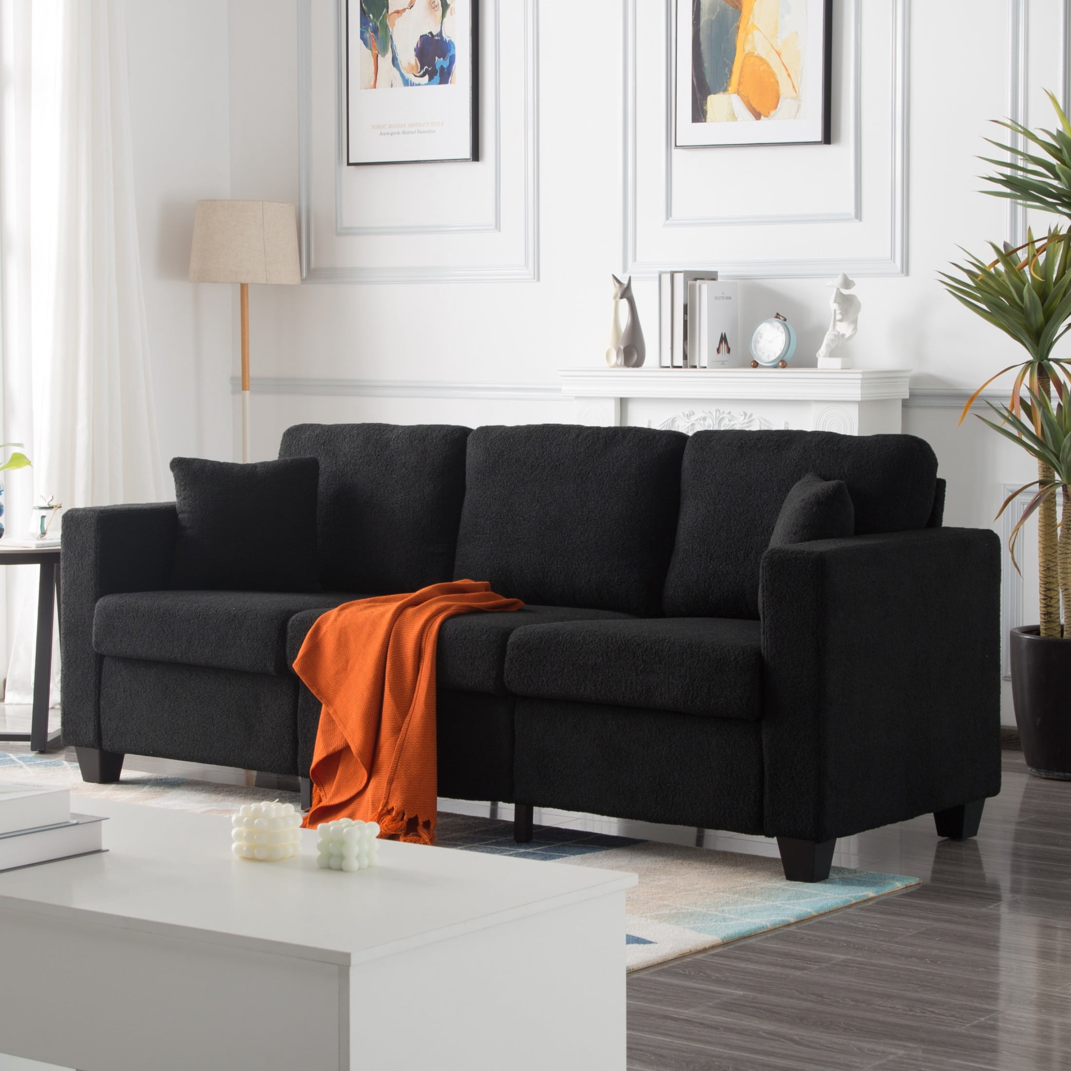Gewnee 86.5''Modern Teddy Velvet Sofa with 2 Pillows,Extra-Wide Deep Sofa Couch,Suitable for Living Room,Bedroom,Office,Apartment (Black)