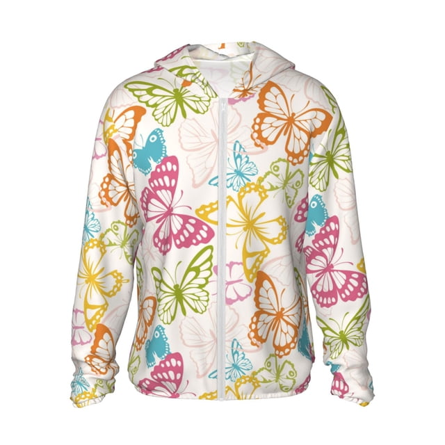 Kdxio Sweat à Capuche Rétro Imprimé Papillon Coloré Protection Solaire pour Activités Extérieures Hommes Femmes Léger à Fermeture Éclair Coupe-Vent UPF 50+ Protection UV-Moyen