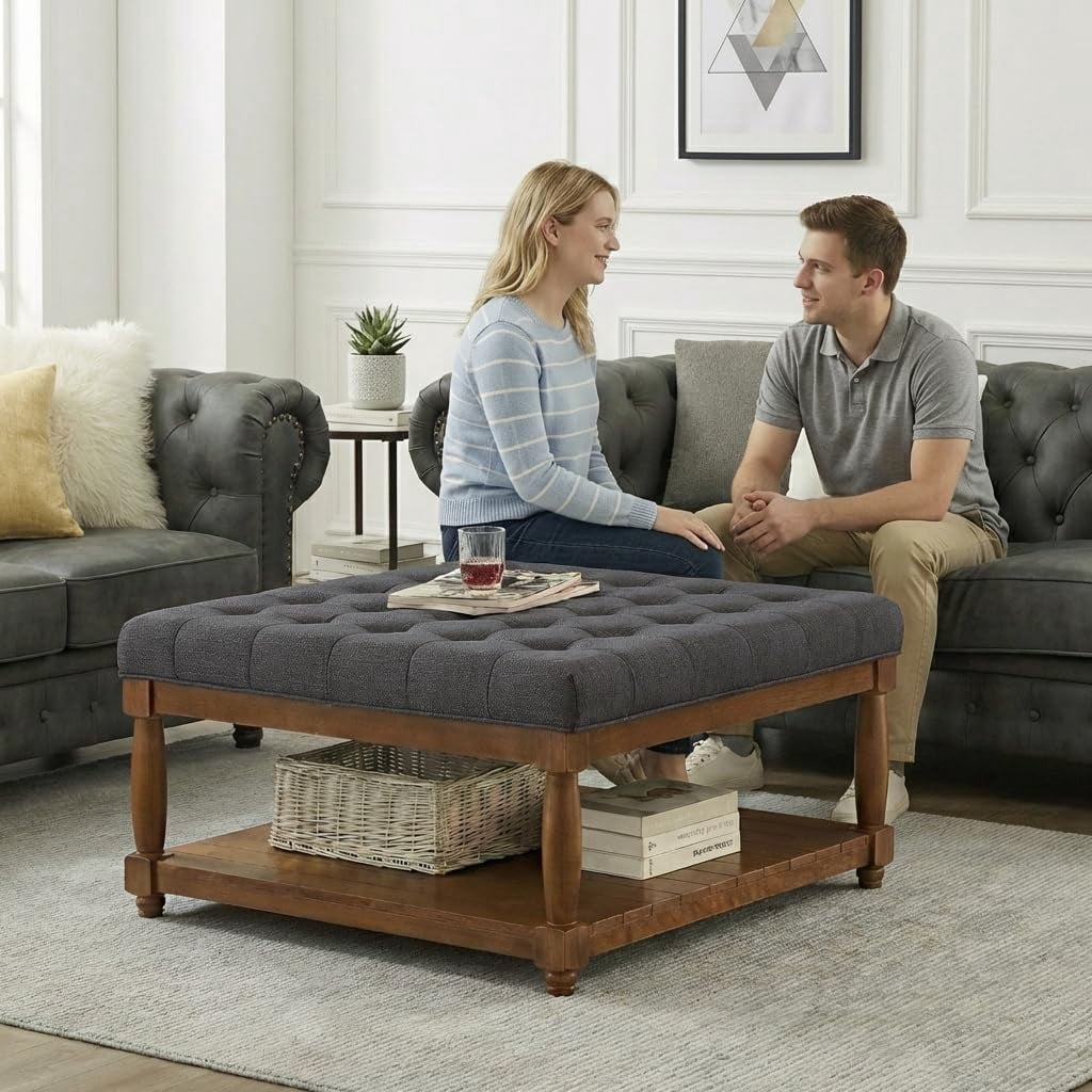 ODUWA Coffee Table Ottoman with Storage Shelf, Tufted Upholstered Footrest Stool, Solid Wood Base Accent Table for Living Room