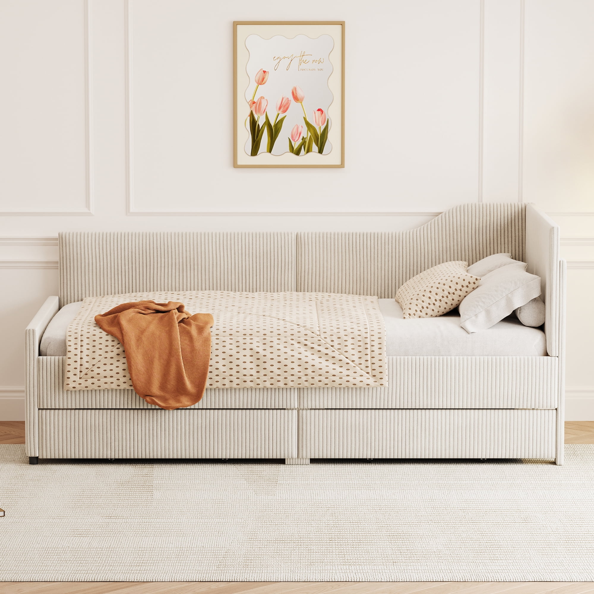 Euroco Upholstered Twin Size Daybed, Sofa Bed with 2 Drawers for Living Room, Beige