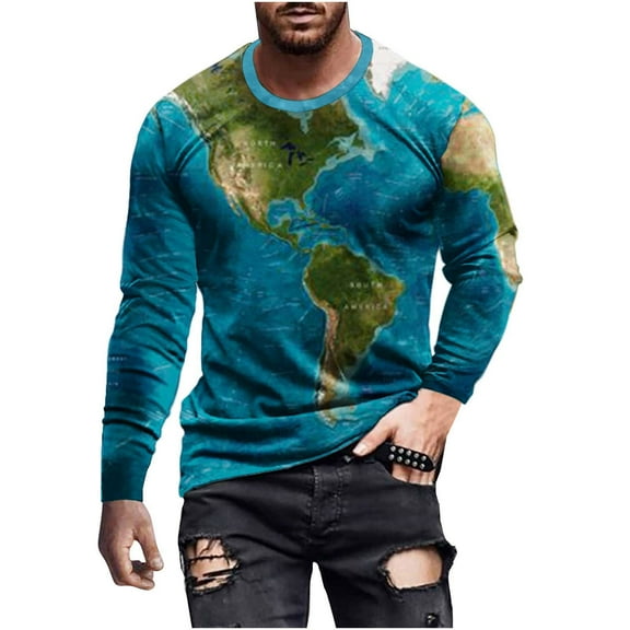 Honeeladyy Pullover Top for Men Long Sleeve 3D Flame Printed Round-Neck Sweatshirt Slim Fit Sport Casual Tee Shirt Blouses #Qa-Navy-L