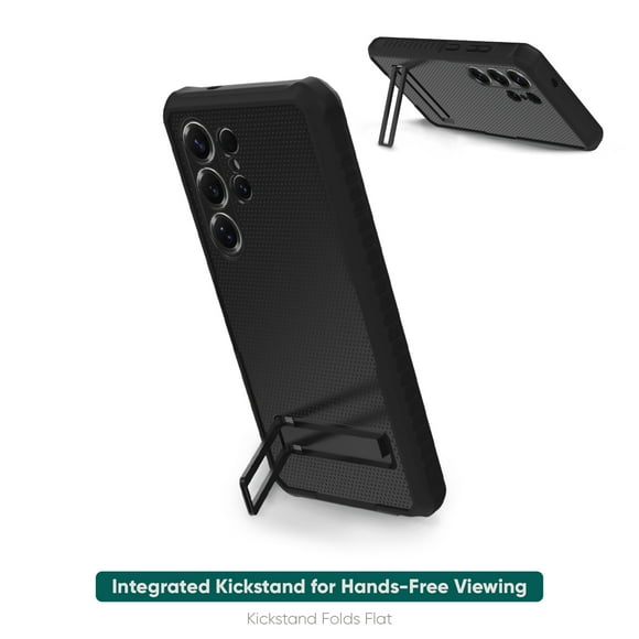 onn. Samsung Galaxy S25 Ultra Rugged Phone Case with Built-in Kickstand & Smartport Protection, Clear/Black, Drop tested to 21 ft./6.4 m