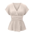 thumbnail image 7 of Lixiuxyad Elegant Wrap V Neck Peplum Short Sleeve Stretchy Ruched Ruffle Dressy Blouses Shirts Dressy Casual Tops,Beige L, 7 of 7