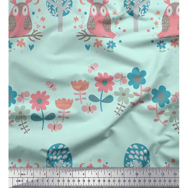Soimoi Poly Crepe Fabric Floral,Tree & Owl Kids Printed Fabric 1 Yard 42 Inch Wide
