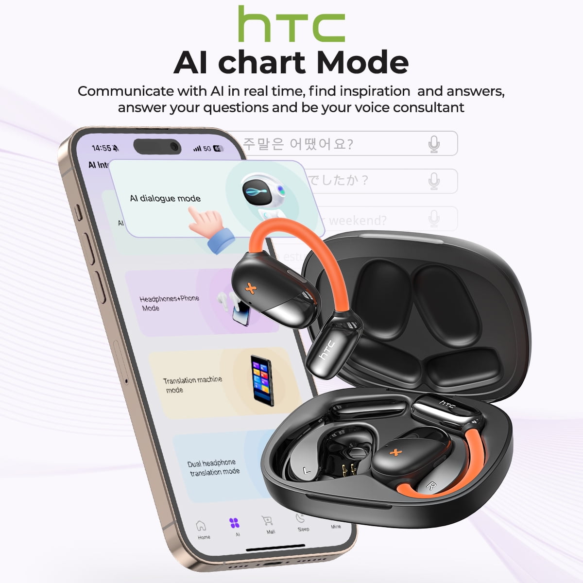 HTC NE33 Bluetooth 6.0 Wireless Open-Ear Headphones - AI Translator, Noise-Cancelling Earbuds, 130+ Languages, IPX5 Waterproof, Black
