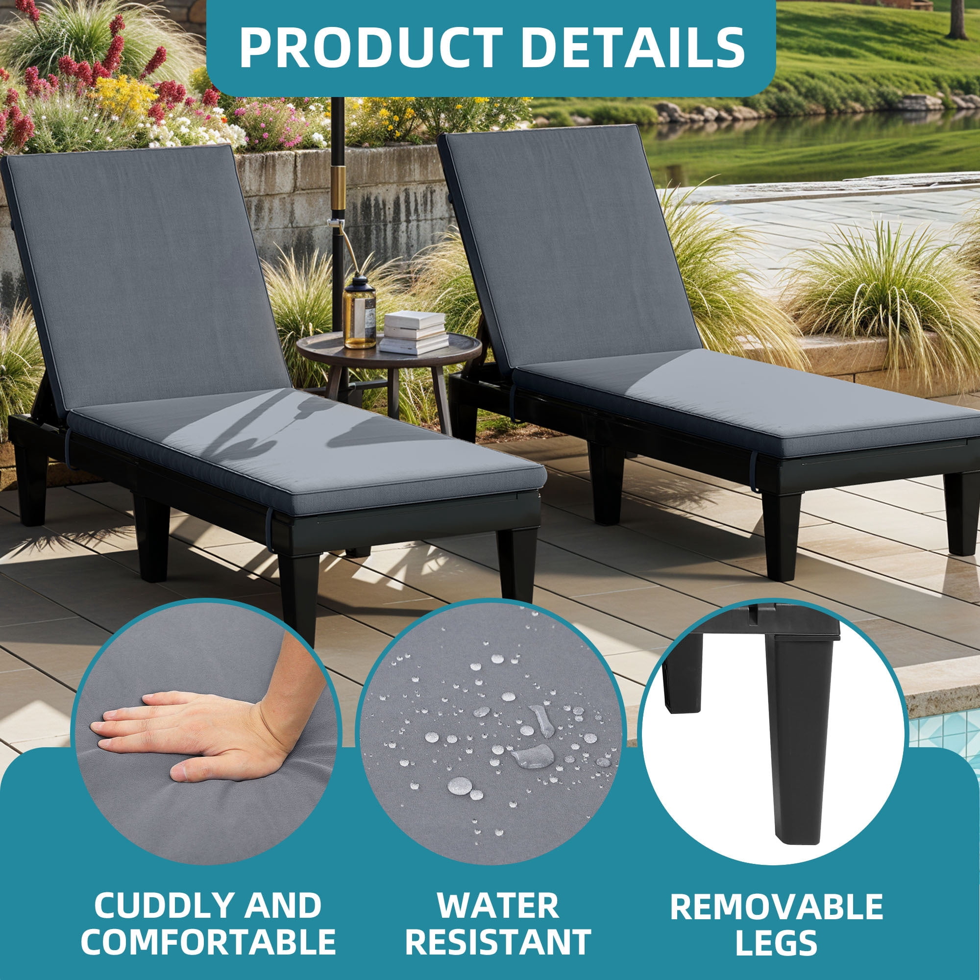 Uforic 2 Pack Adjustable Outdoor Chaise Lounge Chairs, 5-Position Reclining Plastic Pool Lounger with Soft Cushion, Waterproof Easy Assembly Patio Recliner for Poolside Backyard Garden, Grey