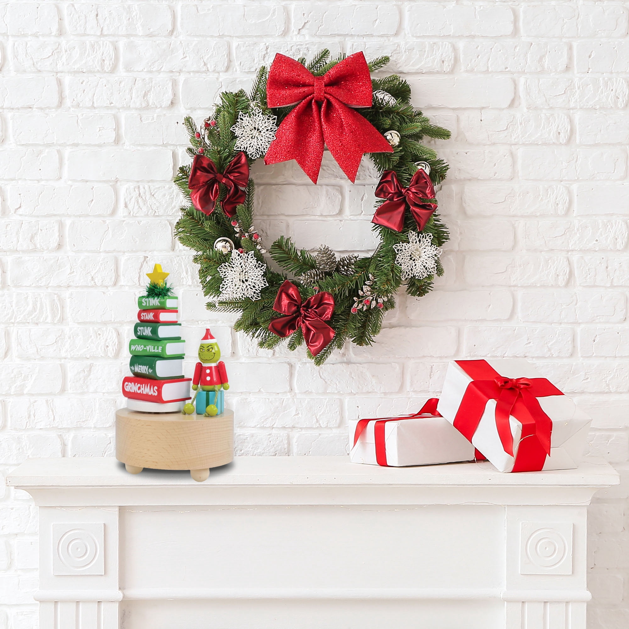 Grinch Musical Rotating Wood Tabletop Decoration – Book Stack Christmas Display
