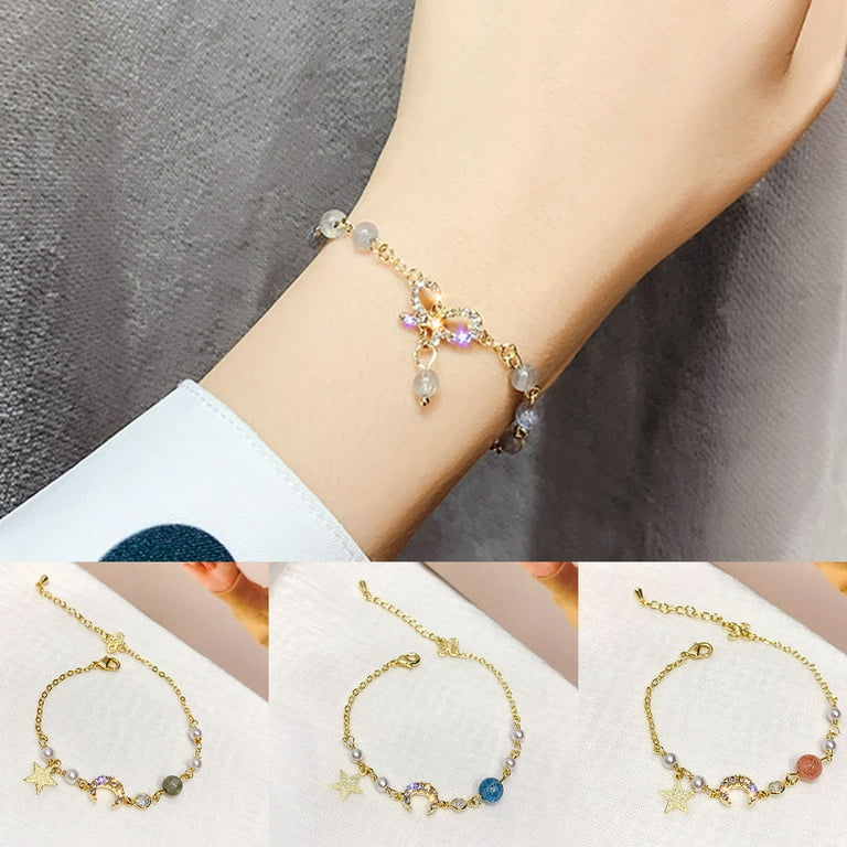 Grofry Adjustable Alloy Moon Star Pendant Beads Faux Pearl Couple Thin Bracelet for Anniversary Golden