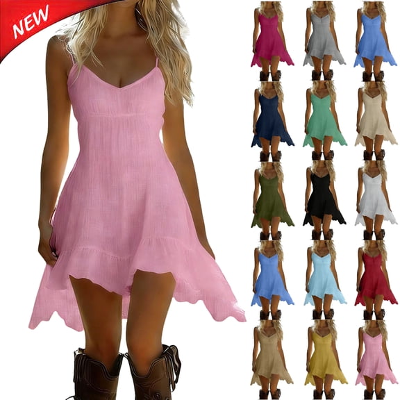 Tqyyweavej Women's Linen Cami Dress Asymmetrical V Neck Fairy Dress Spaghetti Strap Solid Color with Ruffle Hem Summer Dresses for Women