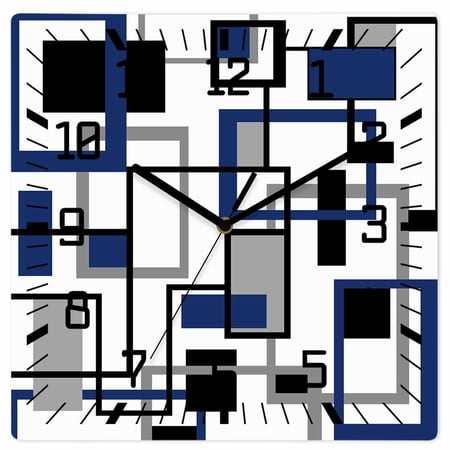 Navy Blue Black Grey Geometric Wooden Wall Clock Silent Non Ticking, Middle Century Modern Abstract Art Square Wall Clocks Battery Operated, Decor Clock for Home Office, Living Room, Kitchen, 10 Inch