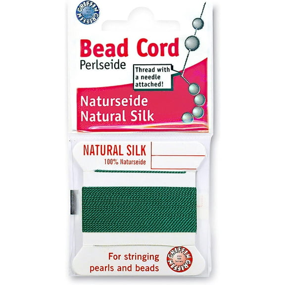 Griffin - Silk Bead Cord Perlseide - Green Color - Size 0 (0.30mm) - 2 Meters per Card - Stainless Steel Needle Attached - for Knotting Pearls, Gemstones, Crystals and Beads