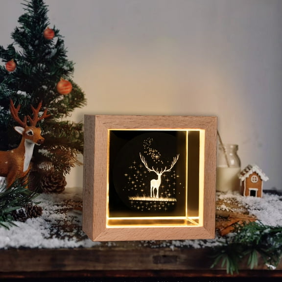 HOARBOEG Crystal Night Light - Wooden Christmas Decor with USB, Warm Ambient LED Bedside Lamp, Holiday Gift Souvenir, Reindeer/Santa/Tree Design